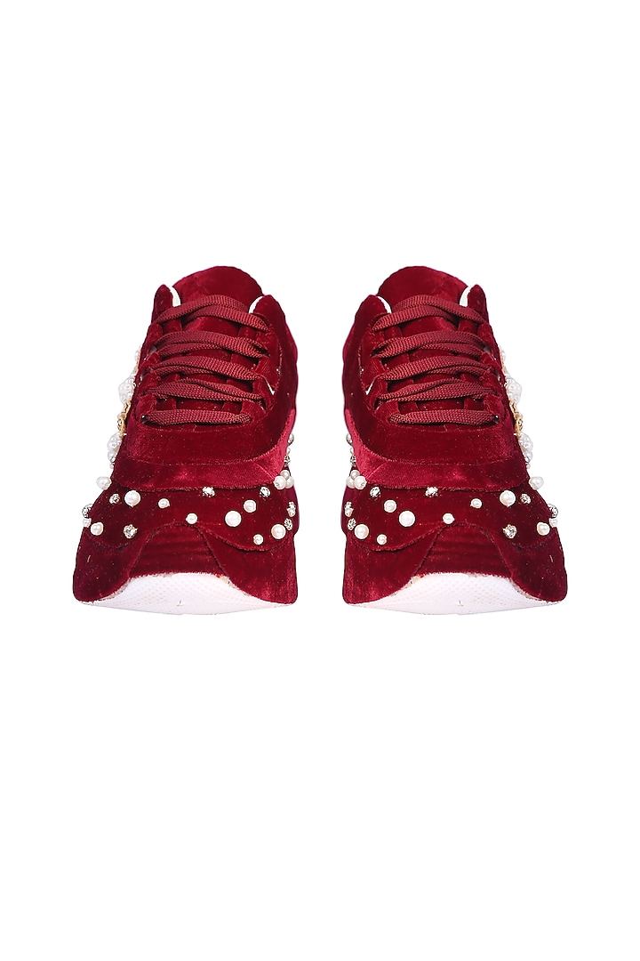 Maroon Velvet Sneakers by 5 Elements at Pernia's Pop Up Shop