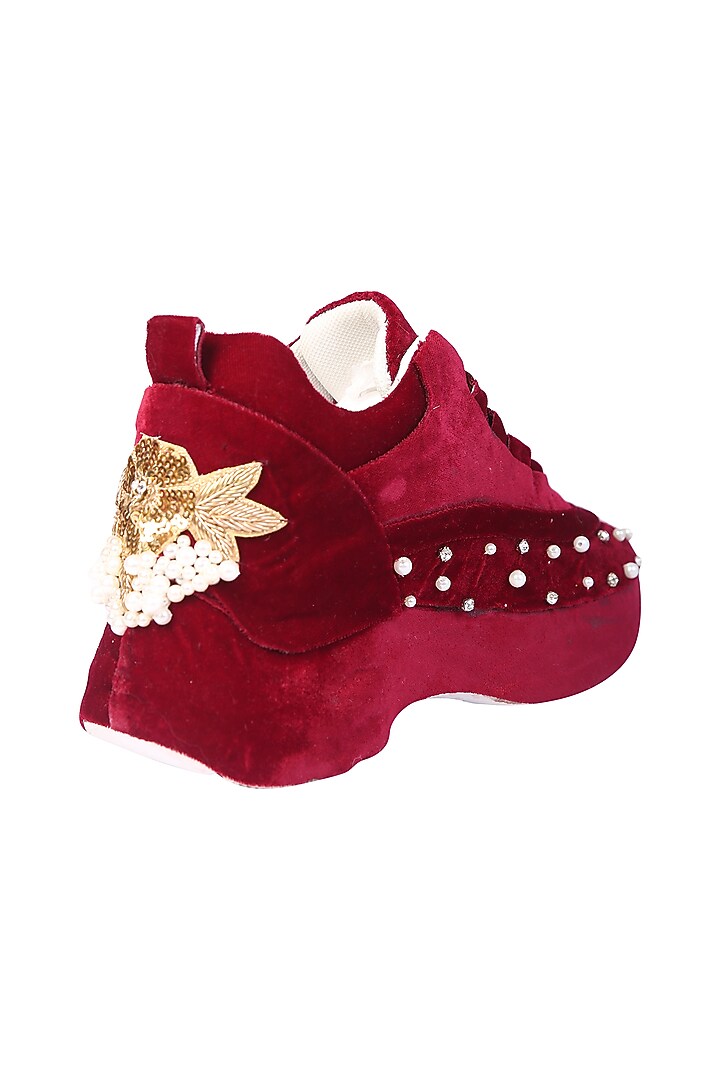 Maroon Velvet Sneakers by 5 Elements at Pernia's Pop Up Shop
