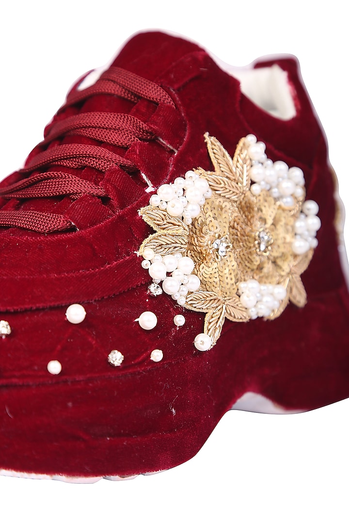 Maroon Velvet Sneakers by 5 Elements at Pernia's Pop Up Shop