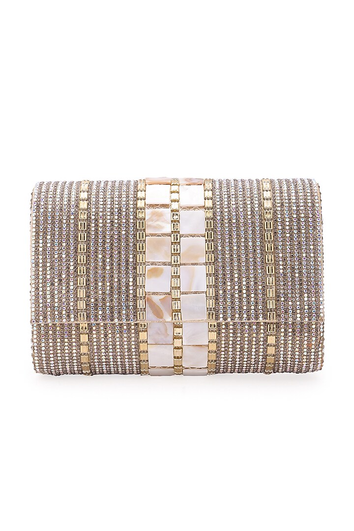 Gold Clutch Bag With Crystal Work by 5 Elements