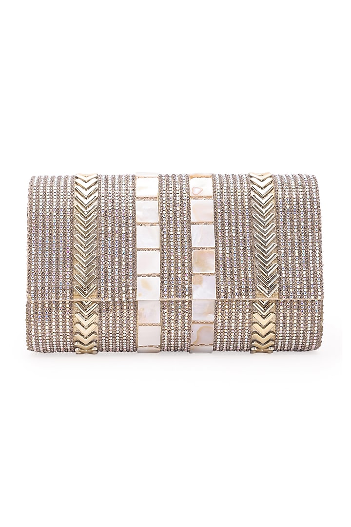 Gold Clutch Bag With Stone Work by 5 Elements