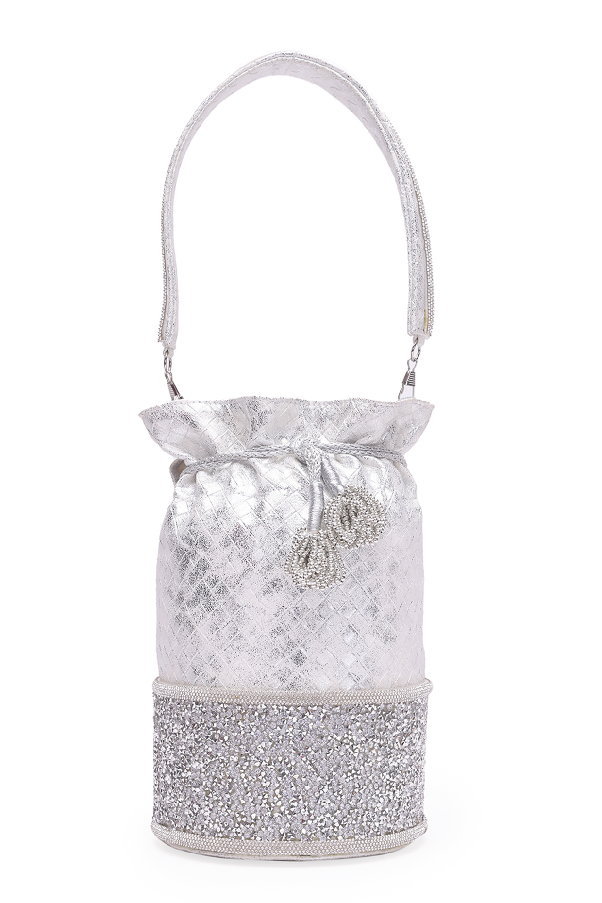 Silver & Gold Dupion Embellished Potli by 5 Elements at Pernia's Pop Up Shop
