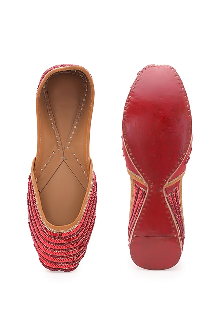 Red Sequins Embellished Juttis by 5 Elements at Pernia's Pop Up Shop