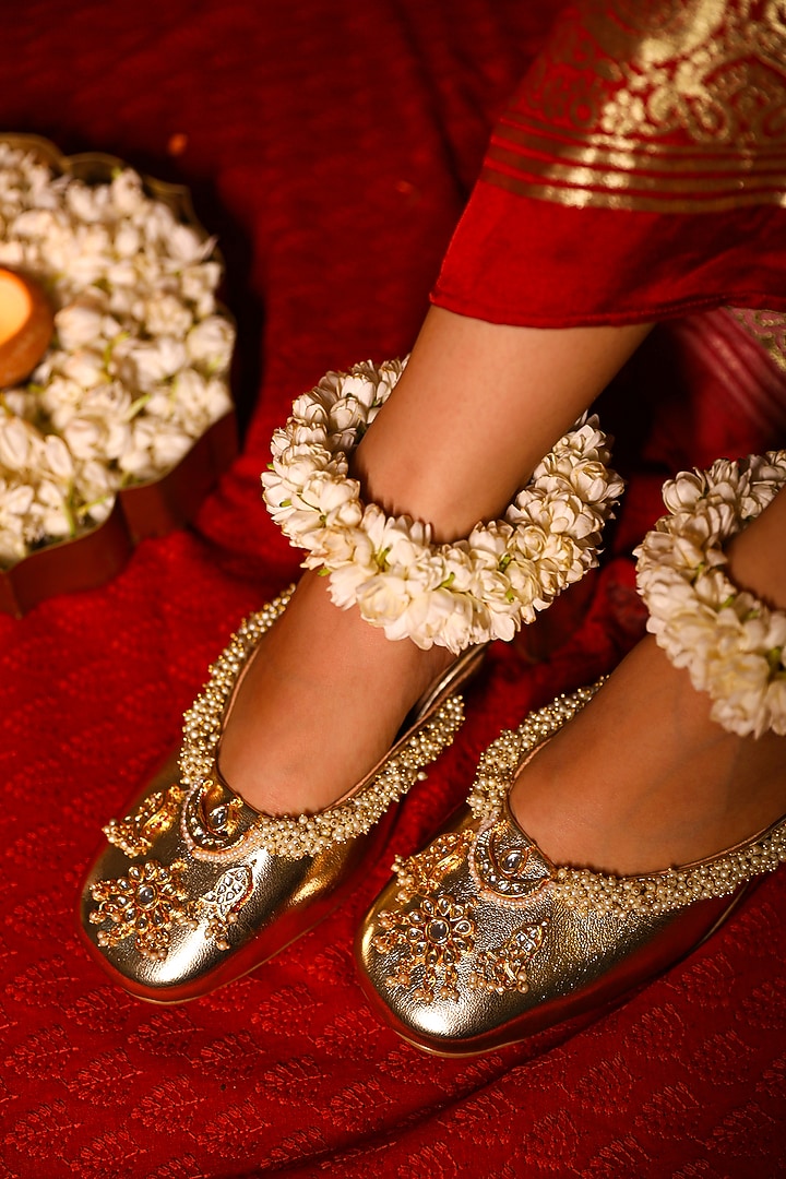 Gold Leatherette Ghungroo Embroidered Mule Heels by 5 Elements at Pernia's Pop Up Shop