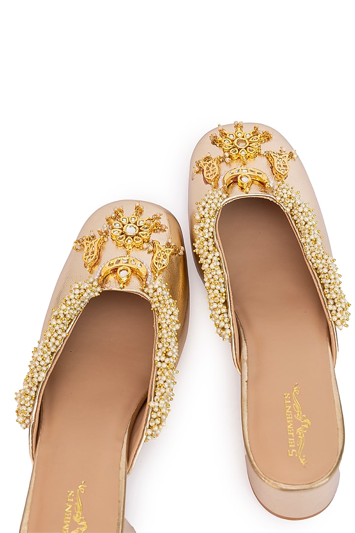 Gold Leatherette Ghungroo Embroidered Mule Heels by 5 Elements at Pernia's Pop Up Shop