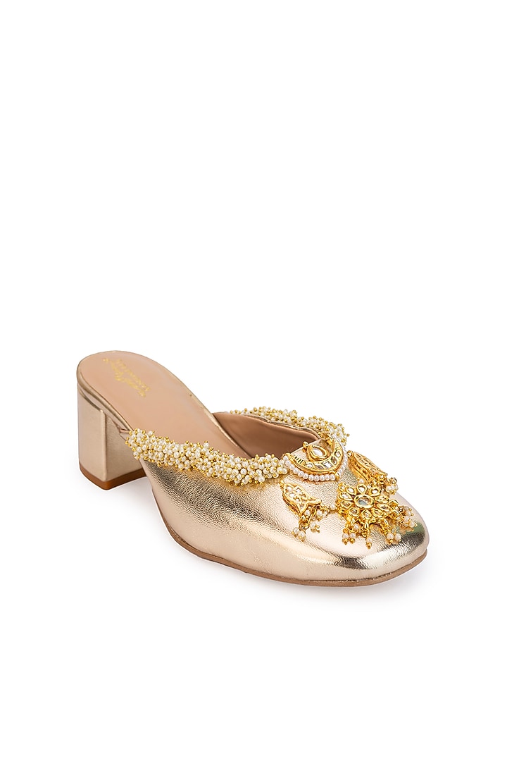 Gold Leatherette Ghungroo Embroidered Mule Heels by 5 Elements at Pernia's Pop Up Shop