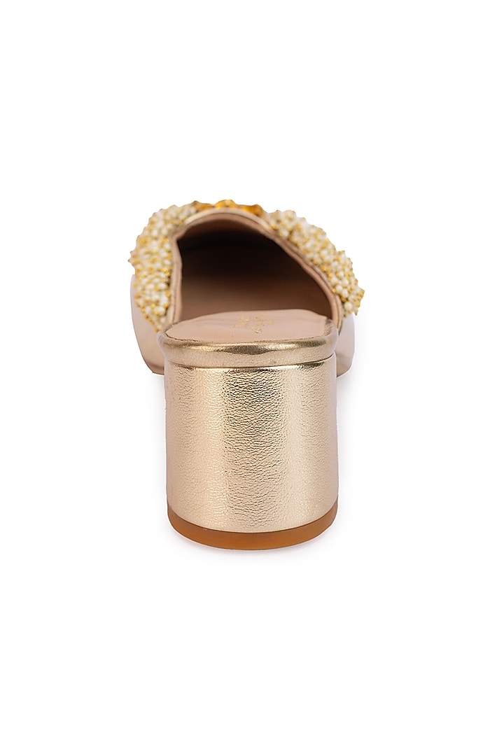 Gold Leatherette Ghungroo Embroidered Mule Heels by 5 Elements at Pernia's Pop Up Shop