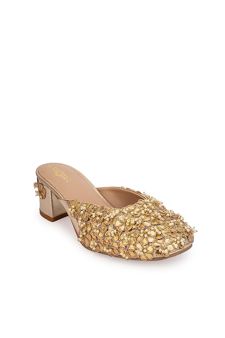Gold Leatherette Ghungroo Embroidered Mule Heels by 5 Elements at Pernia's Pop Up Shop