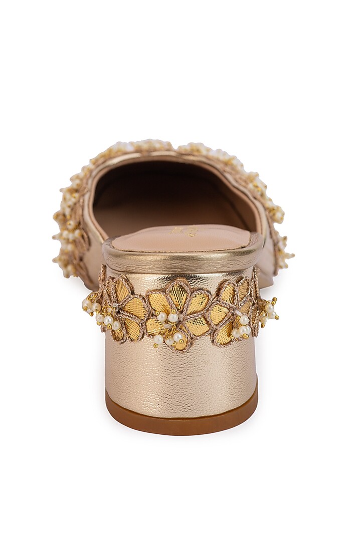 Gold Leatherette Ghungroo Embroidered Mule Heels by 5 Elements at Pernia's Pop Up Shop