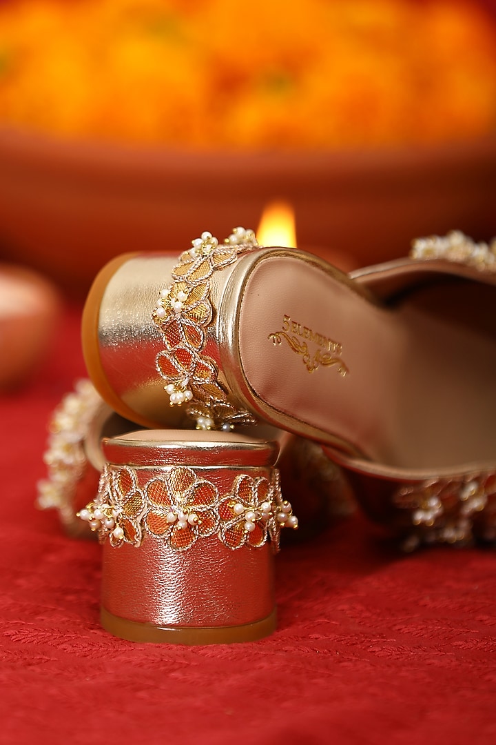 Gold Leatherette Ghungroo Embroidered Mule Heels by 5 Elements at Pernia's Pop Up Shop