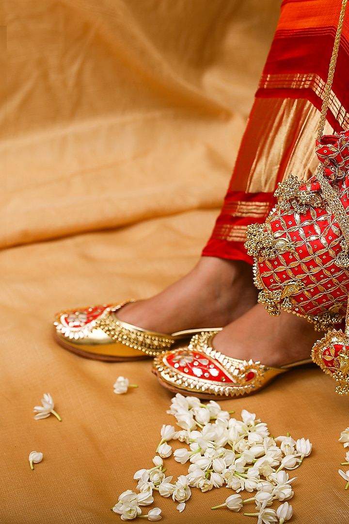 Gold Leatherette Gota Embroidered Juttis by 5 Elements at Pernia's Pop Up Shop