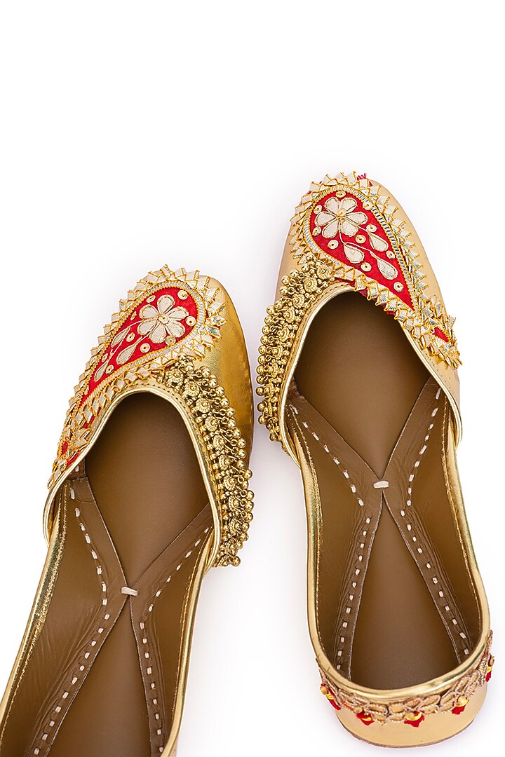 Gold Leatherette Gota Embroidered Juttis by 5 Elements at Pernia's Pop Up Shop