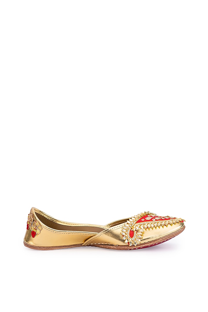 Gold Leatherette Gota Embroidered Juttis by 5 Elements at Pernia's Pop Up Shop