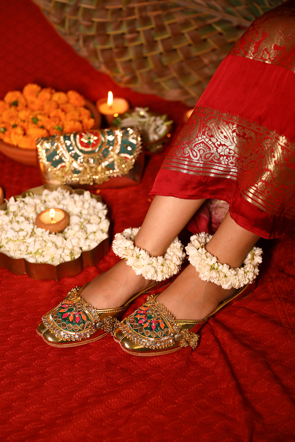 Gold Leatherette Gota Embroidered Juttis by 5 Elements at Pernia's Pop Up Shop