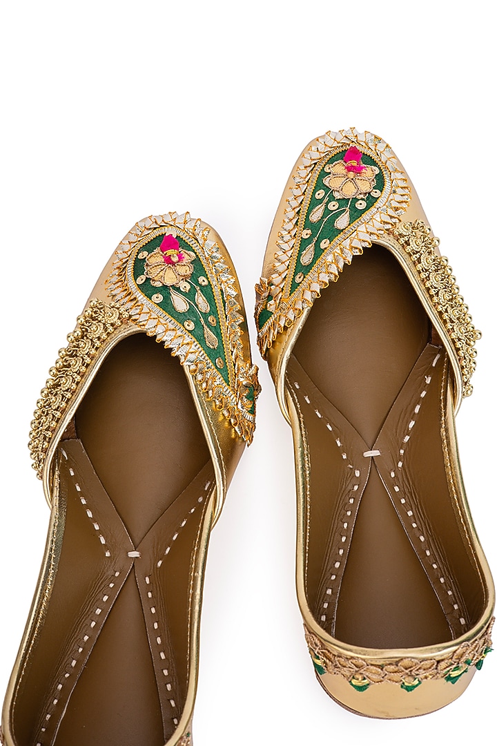 Gold Leatherette Gota Embroidered Juttis by 5 Elements at Pernia's Pop Up Shop