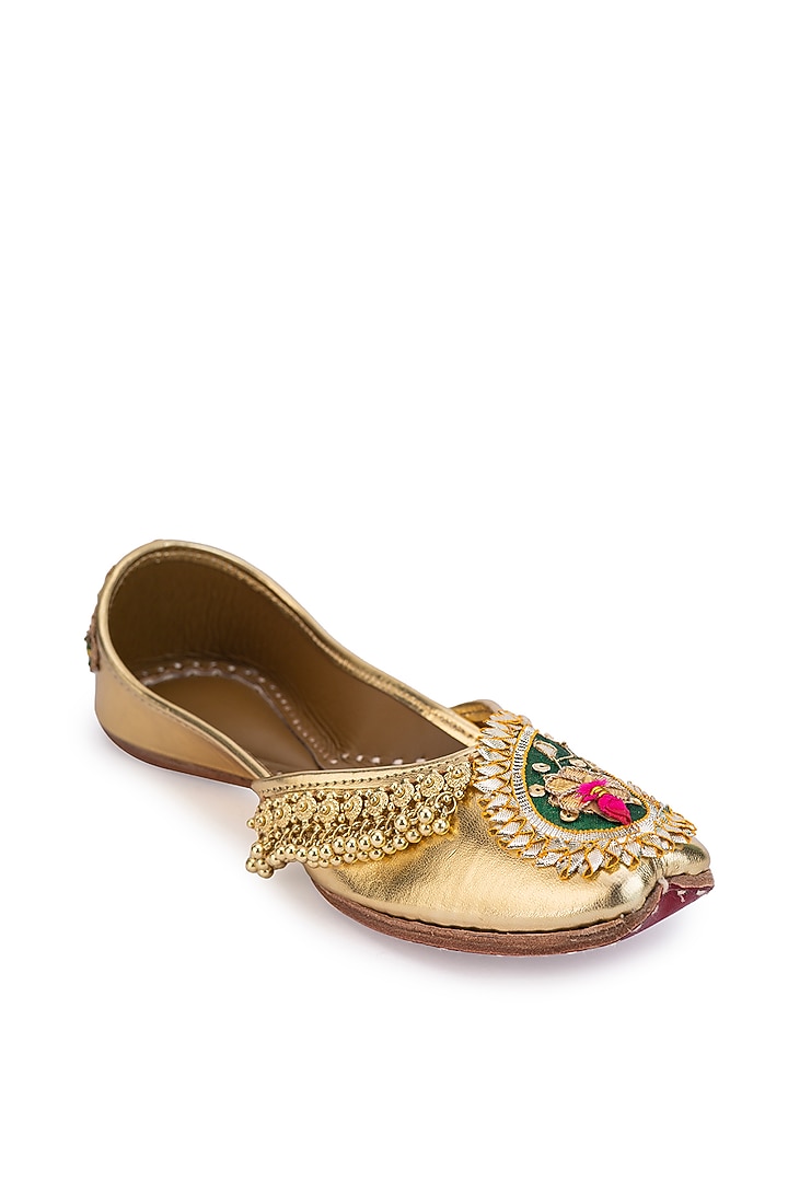 Gold Leatherette Gota Embroidered Juttis by 5 Elements at Pernia's Pop Up Shop