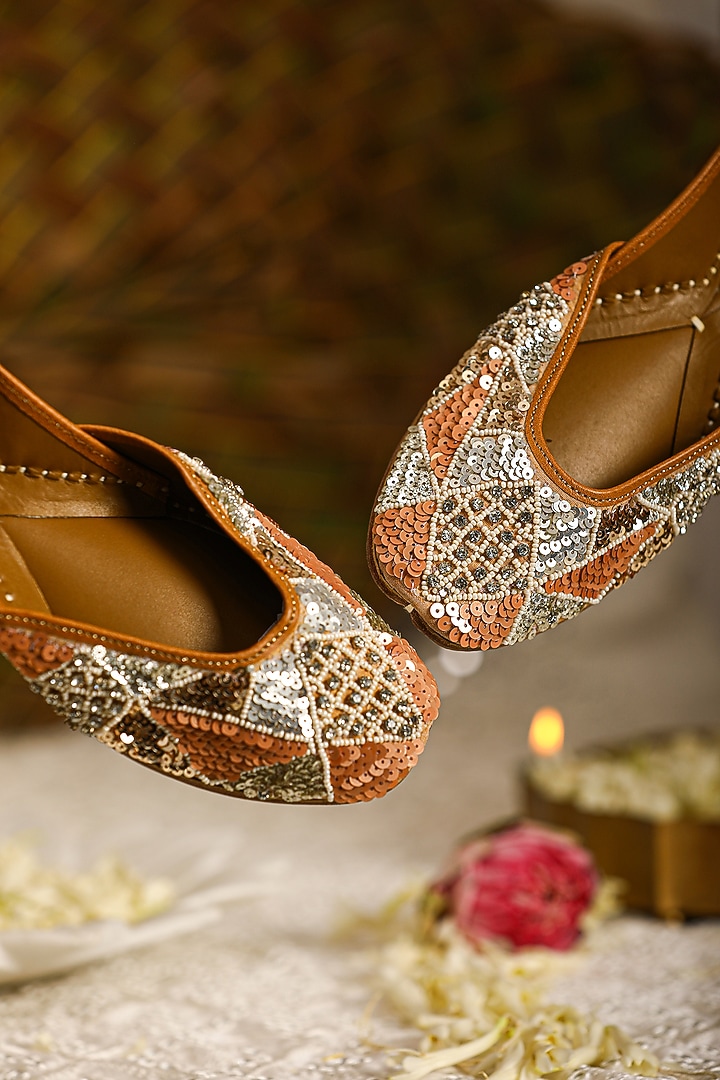 Gold & Silver Leatherette Sequins Embroidered Juttis by 5 Elements at Pernia's Pop Up Shop