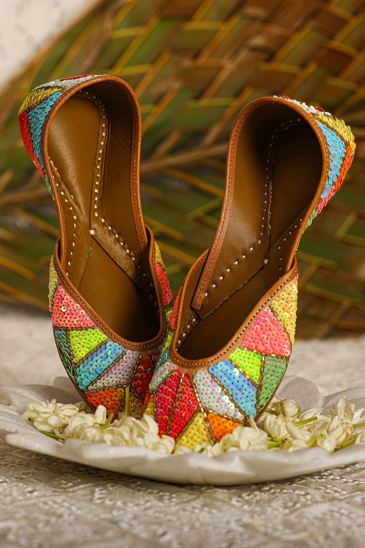 Multi-Colored Leatherette Sequins Embroidered Juttis by 5 Elements at Pernia's Pop Up Shop