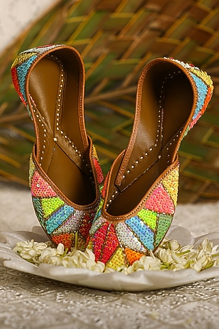 Multi-Colored Leatherette Sequins Embroidered Juttis by 5 Elements