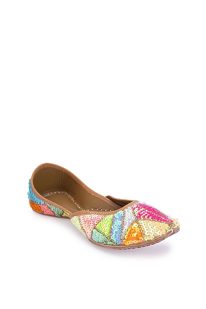Multi-Colored Leatherette Sequins Embroidered Juttis by 5 Elements at Pernia's Pop Up Shop
