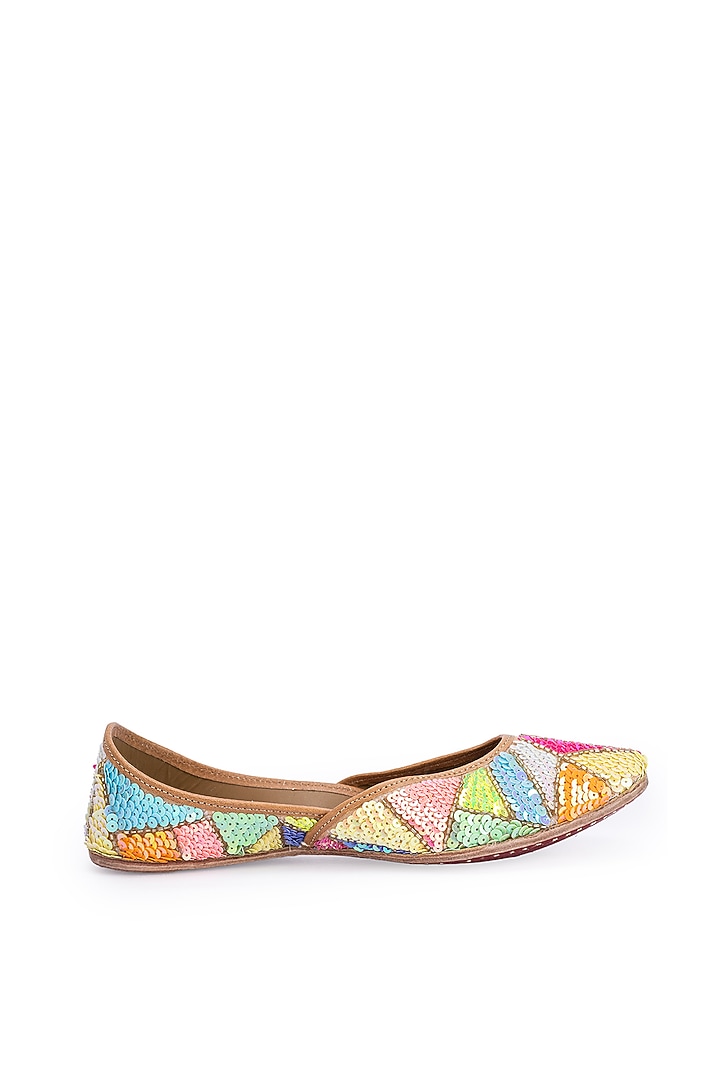 Multi-Colored Leatherette Sequins Embroidered Juttis by 5 Elements at Pernia's Pop Up Shop