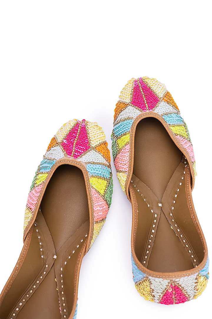 Multi-Colored Leatherette Sequins Embroidered Juttis by 5 Elements at Pernia's Pop Up Shop