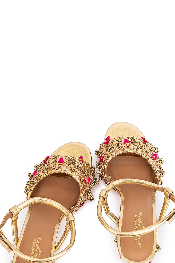 Gold Leatherette Sequins Embroidered Heels by 5 Elements at Pernia's Pop Up Shop