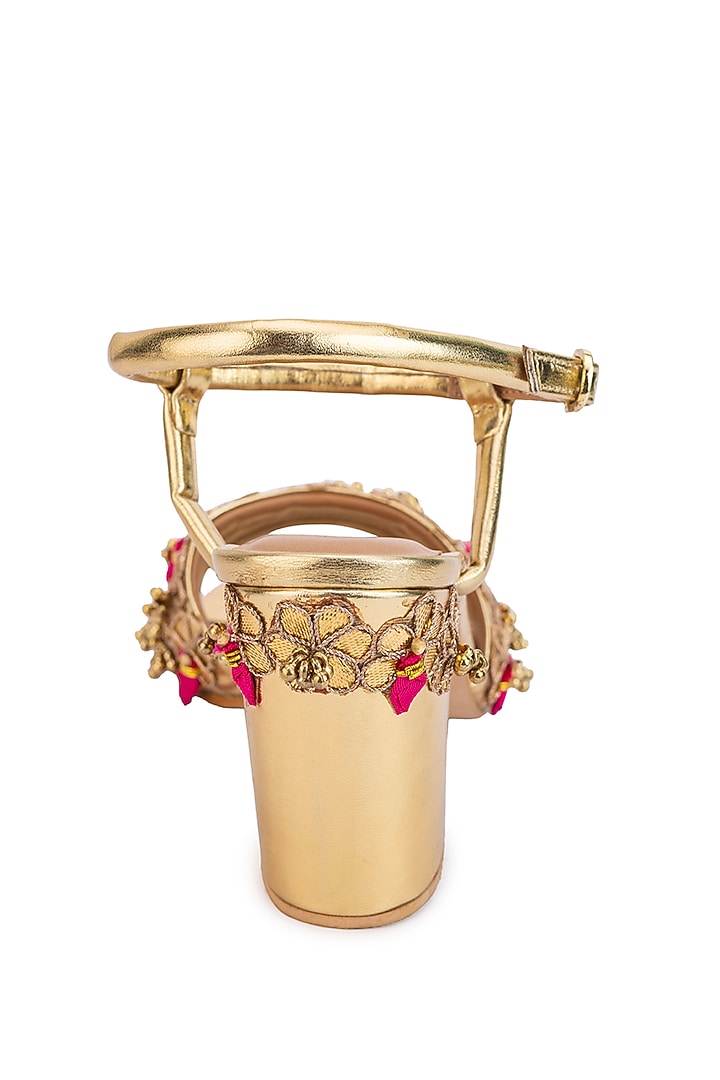 Gold Leatherette Sequins Embroidered Heels by 5 Elements at Pernia's Pop Up Shop