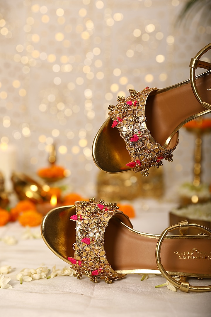 Gold Leatherette Sequins Embroidered Heels by 5 Elements at Pernia's Pop Up Shop