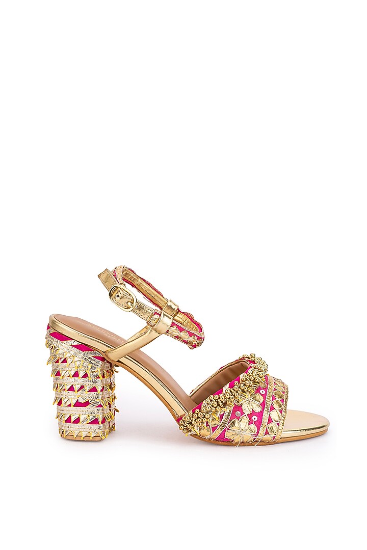 Gold Leatherette Sequins Embroidered Heels by 5 Elements at Pernia's Pop Up Shop