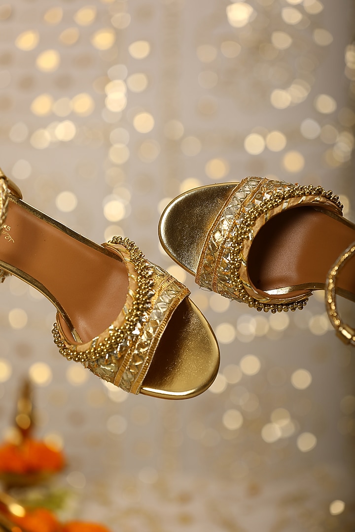 Gold Leatherette Sequins Embroidered Heels by 5 Elements at Pernia's Pop Up Shop
