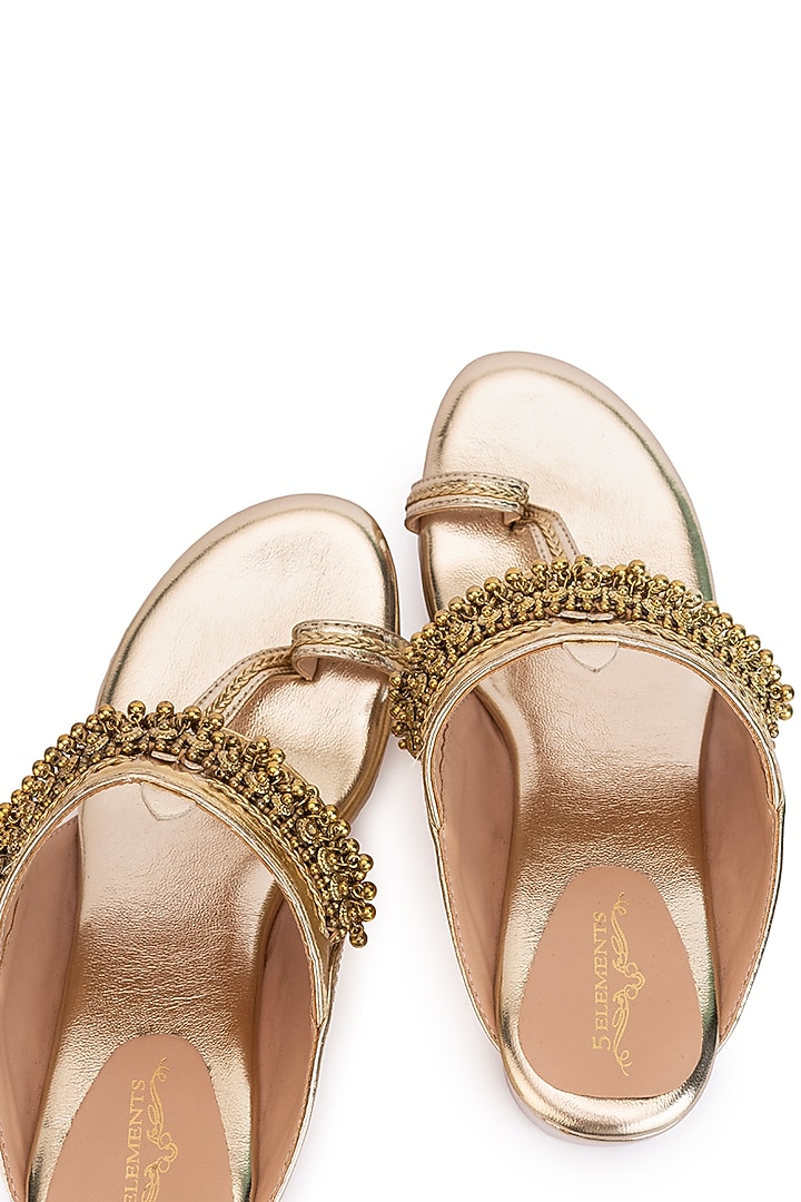 Gold Leatherette Ghungroo Embroidered Wedges by 5 Elements at Pernia's Pop Up Shop