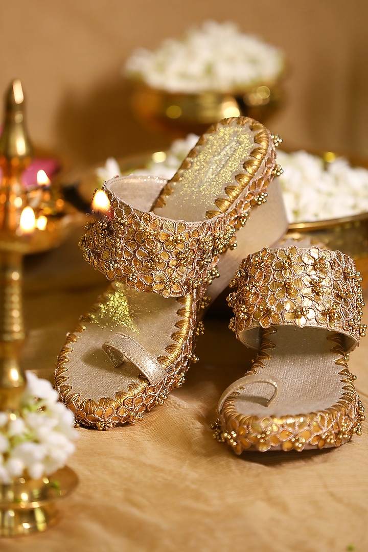 Gold Leatherette Floral Embroidered Wedges by 5 Elements at Pernia's Pop Up Shop