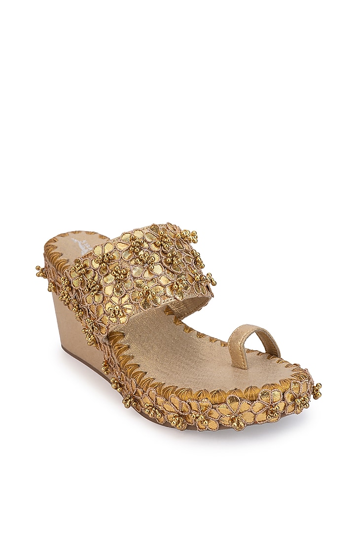 Gold Leatherette Floral Embroidered Wedges by 5 Elements at Pernia's Pop Up Shop