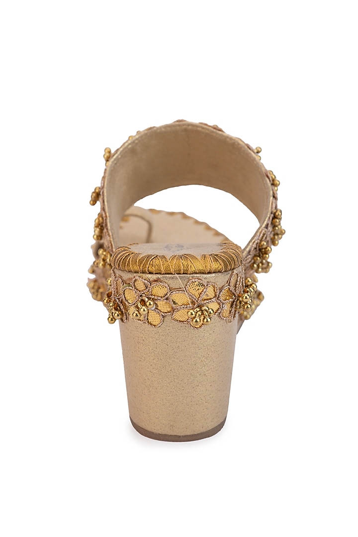 Gold Leatherette Floral Embroidered Wedges by 5 Elements at Pernia's Pop Up Shop