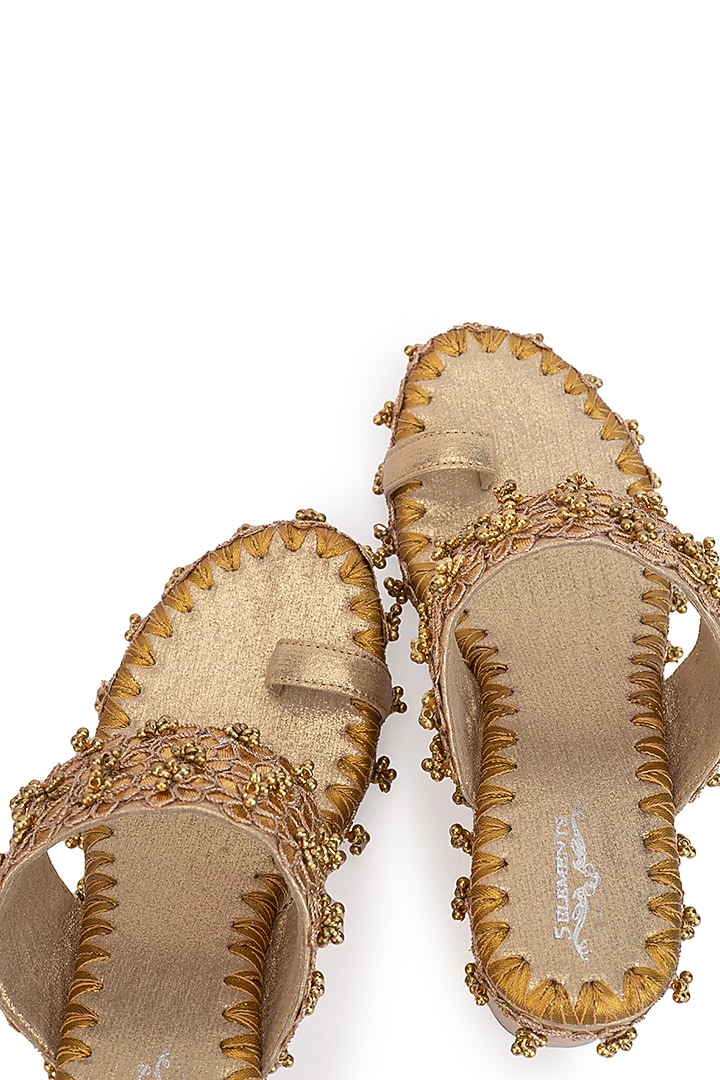 Gold Leatherette Floral Embroidered Wedges by 5 Elements at Pernia's Pop Up Shop