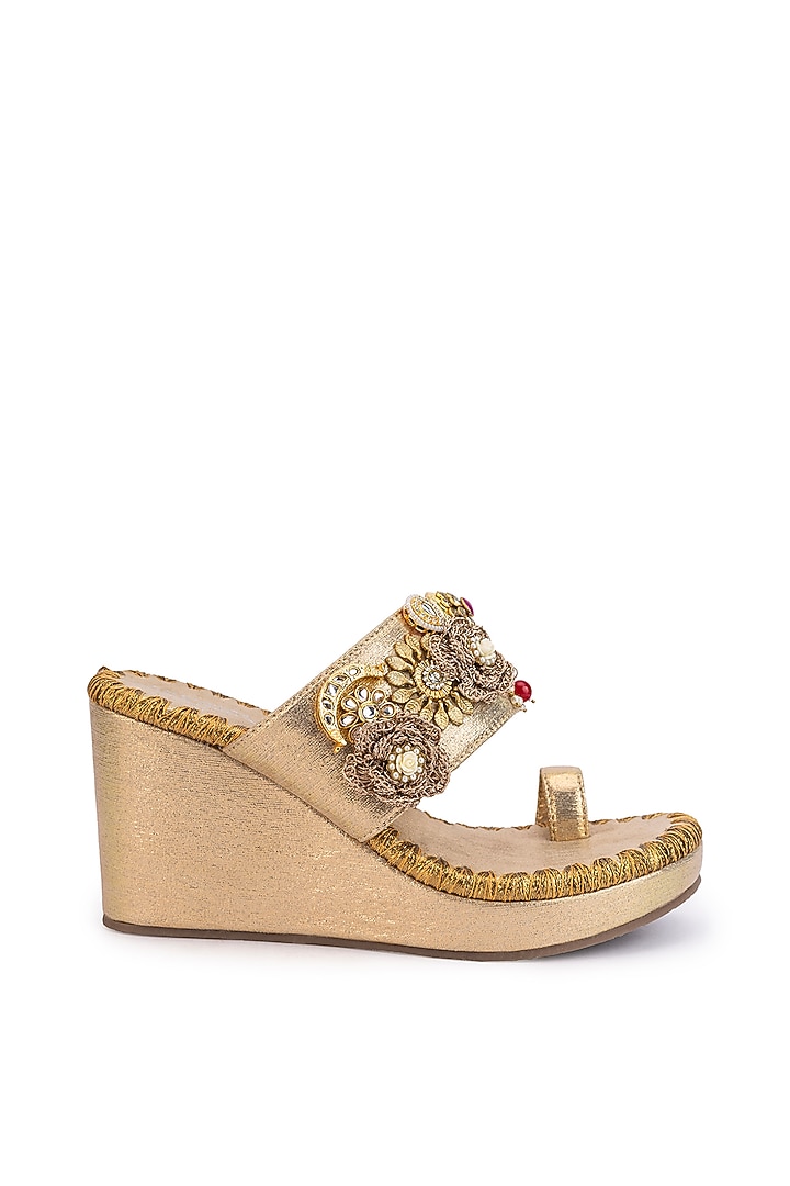 Gold Leatherette Motif Embellished Wedges by 5 Elements at Pernia's Pop Up Shop
