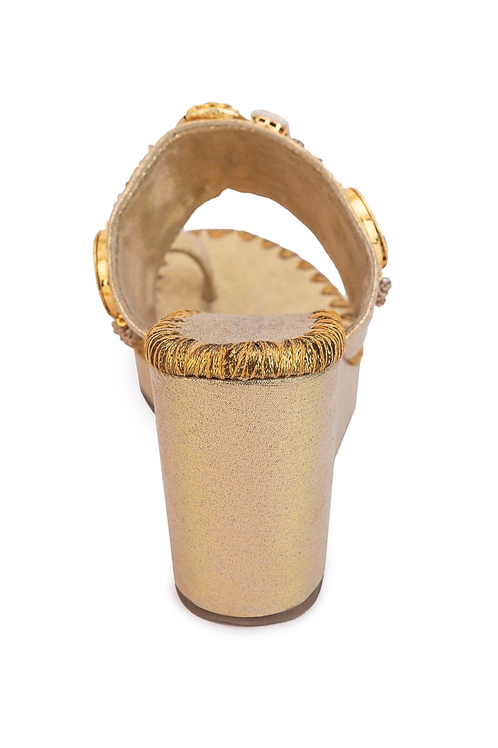 Gold Leatherette Motif Embellished Wedges by 5 Elements at Pernia's Pop Up Shop