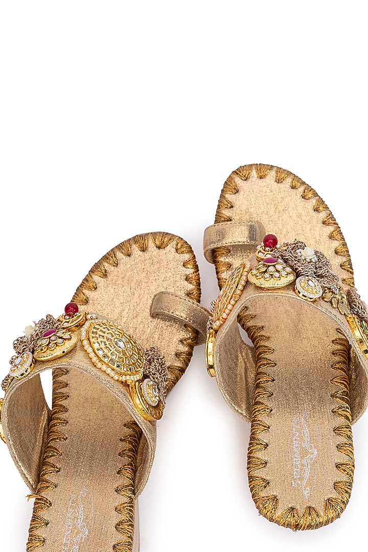 Gold Leatherette Motif Embellished Wedges by 5 Elements at Pernia's Pop Up Shop