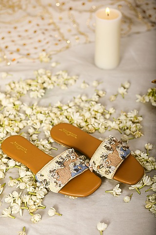 Brown Leatherette Pearl Embellished Flats by 5 Elements