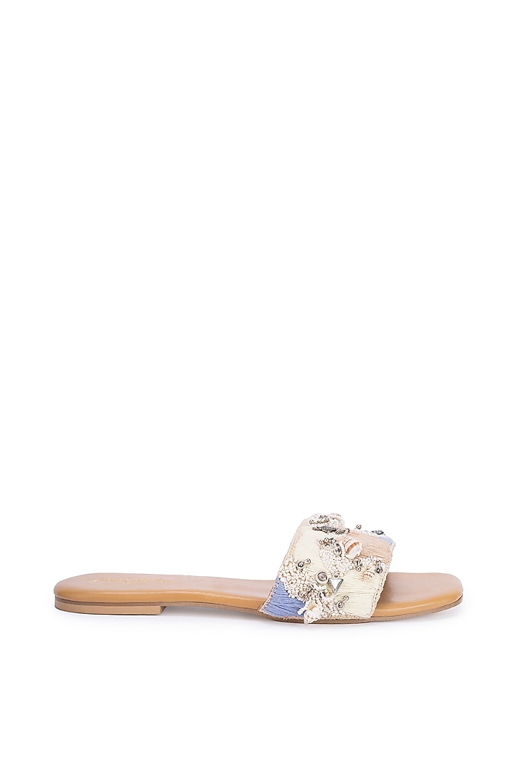 Brown Leatherette Pearl Embellished Flats by 5 Elements at Pernia's Pop Up Shop