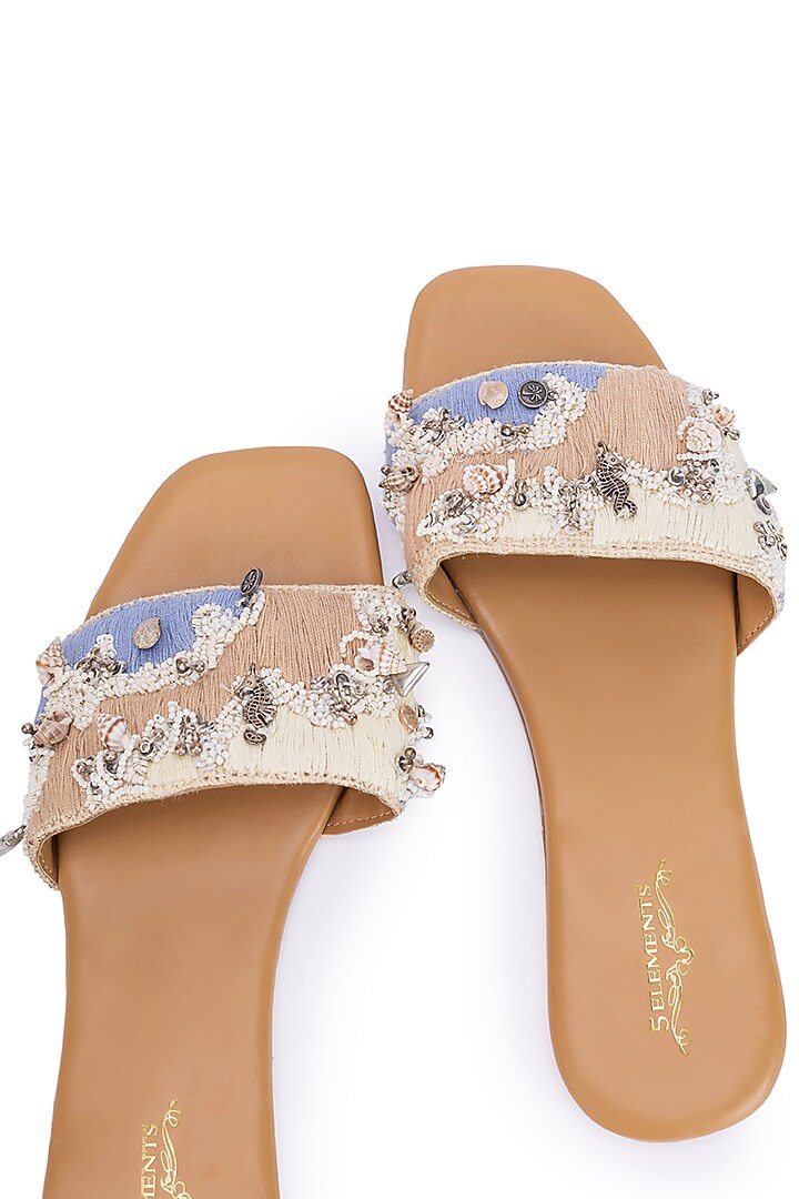 Brown Leatherette Pearl Embellished Flats by 5 Elements at Pernia's Pop Up Shop
