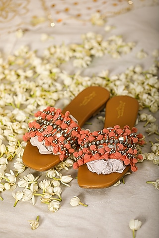 Brown Leatherette Pearl Embellished Flats by 5 Elements