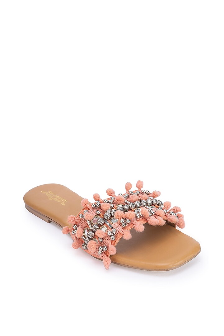 Brown Leatherette Pearl Embellished Flats by 5 Elements at Pernia's Pop Up Shop