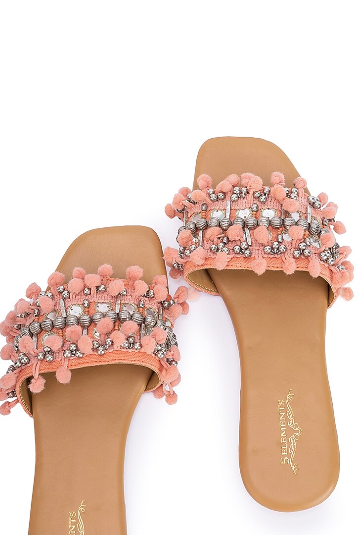 Brown Leatherette Pearl Embellished Flats by 5 Elements at Pernia's Pop Up Shop