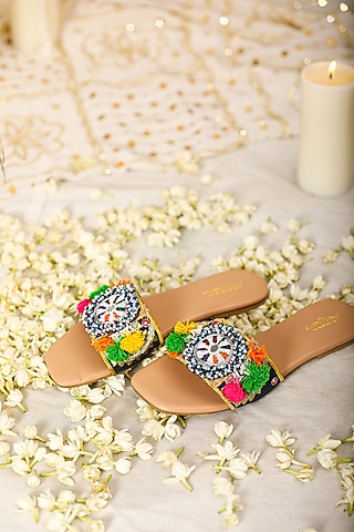 Multi-Colored Leatherette Pearl Embellished Flats by 5 Elements