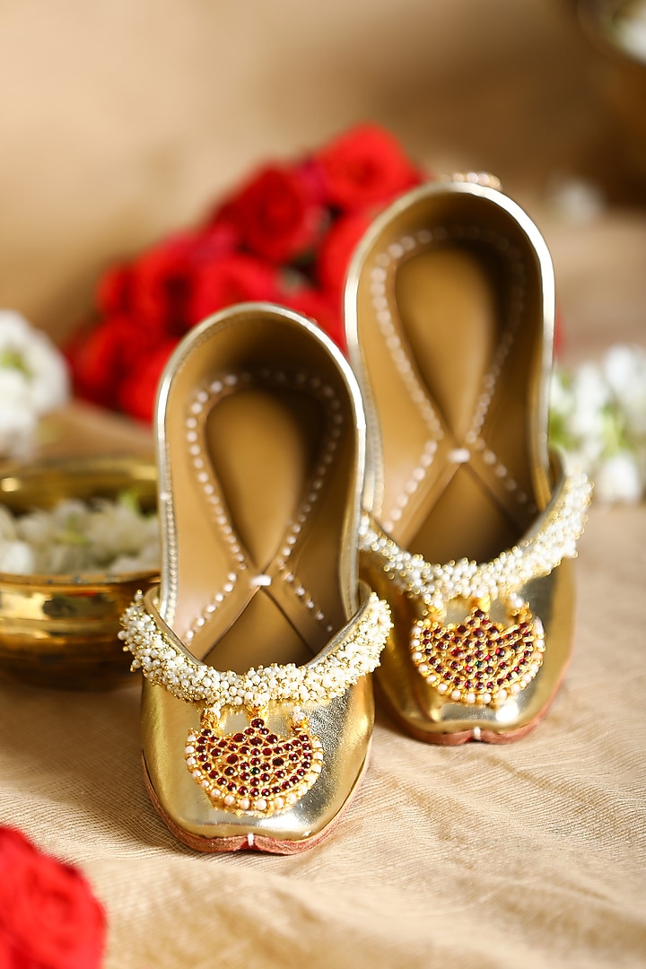 Gold Leatherette Pearl Embroidered Juttis by 5 Elements at Pernia's Pop Up Shop