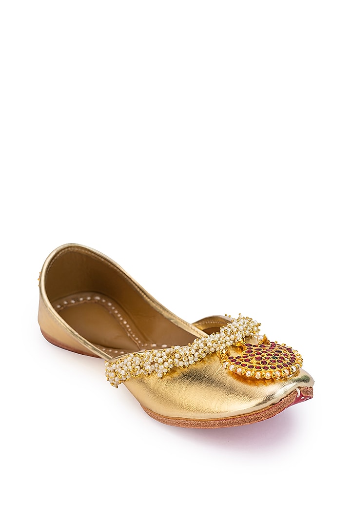 Gold Leatherette Pearl Embroidered Juttis by 5 Elements at Pernia's Pop Up Shop