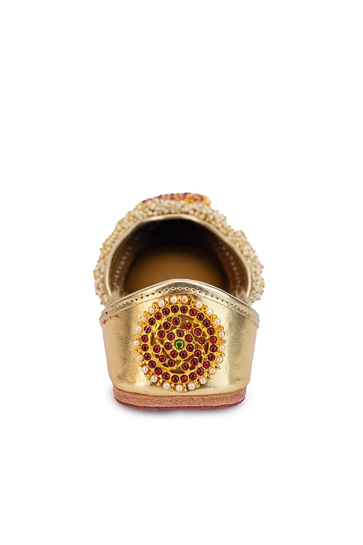 Gold Leatherette Pearl Embroidered Juttis by 5 Elements at Pernia's Pop Up Shop