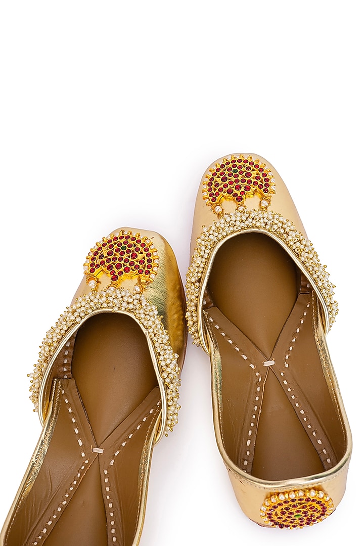 Gold Leatherette Pearl Embroidered Juttis by 5 Elements at Pernia's Pop Up Shop